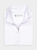 A neatly folded white half-zip golf pullover with a high collar and a silver zipper