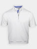 White short-sleeve polo shirt with a zip collar and blue striped inner lining. The shirt is neatly folded, conveying a crisp, modern appearance.