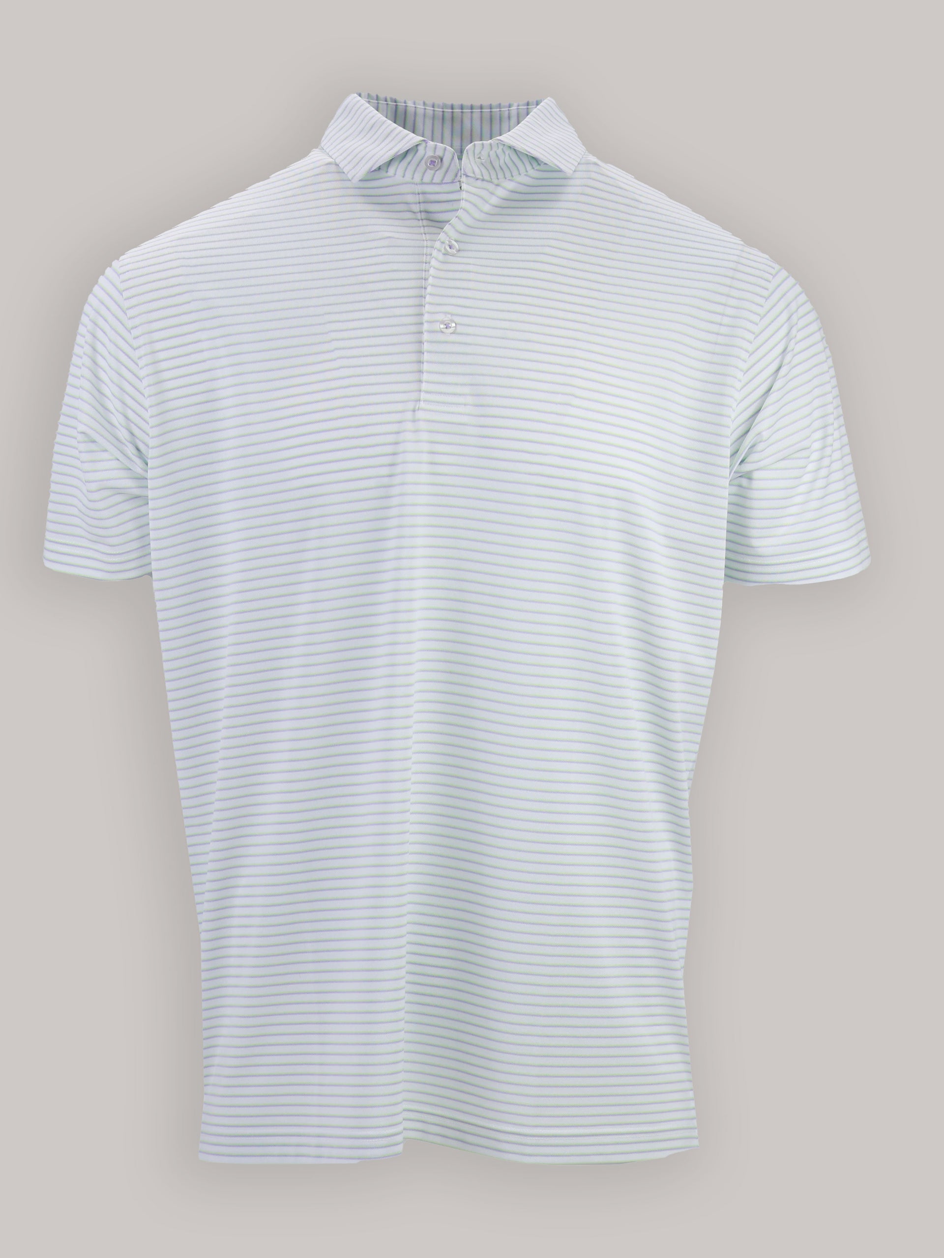 Close-up detail of the Monroe Baby Pique Stripe Polo in Lime and Lavender multi-stripe, highlighting the collar and three-button placket.