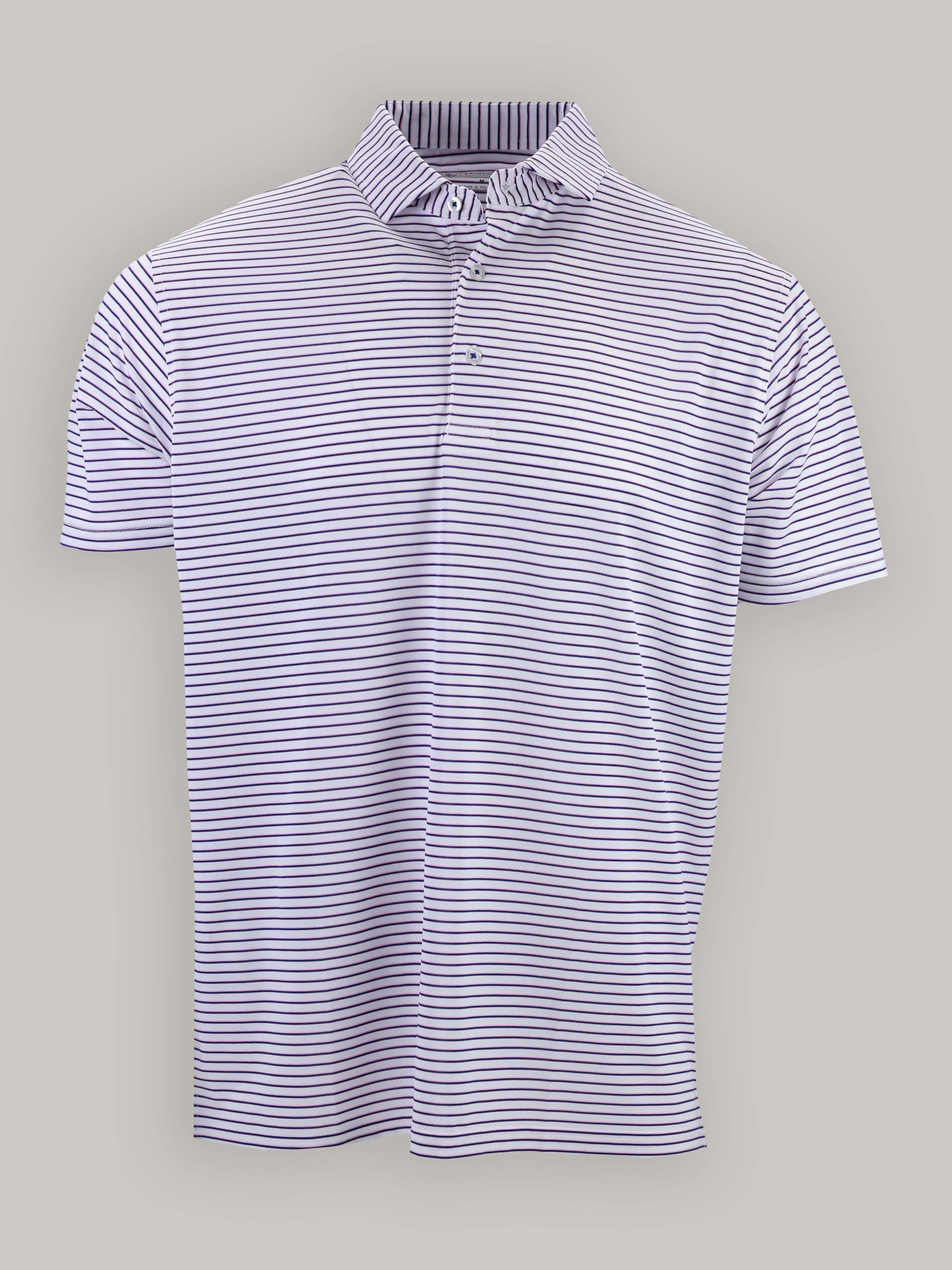 Main front view of the Monroe Baby Pique Stripe Polo in Lavender and Purple multi-stripe on a white background.