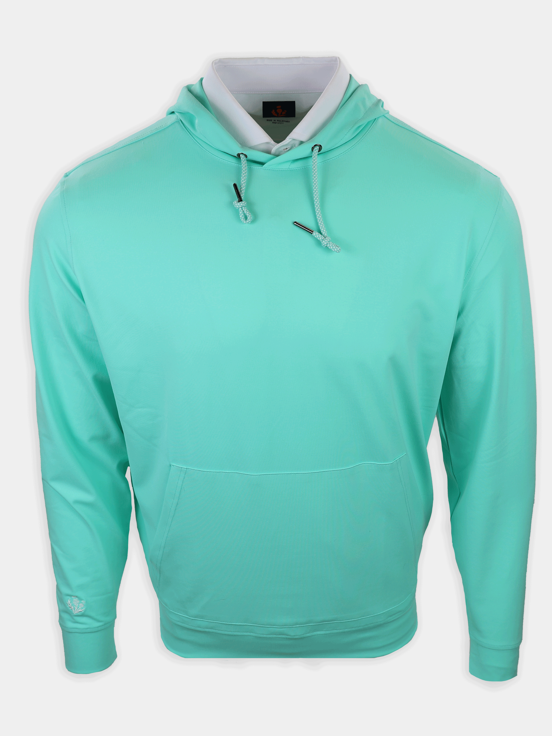 A mint green hoodie with a kangaroo pocket and drawstring hood is displayed against a white background.