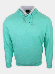 A mint green hoodie with a kangaroo pocket and drawstring hood is displayed against a white background.