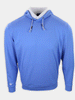 A light blue hoodie with a front pocket and drawstrings at the neck is displayed against a plain background.