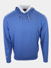 Blue hooded sweatshirt with a front pocket and a white collar visible underneath.