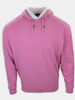 A pink hooded sweatshirt with a front pouch pocket is displayed on a mannequin torso.