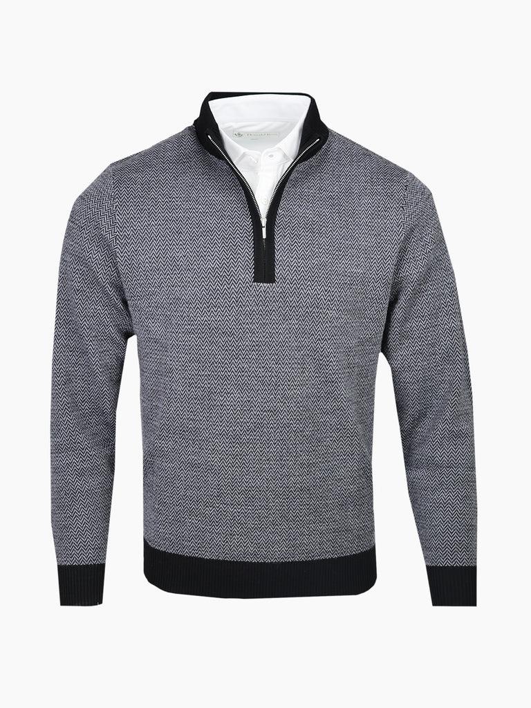 Front view of the Aberdeen Sweater in Black, featuring a subtle charcoal herringbone jacquard pattern and quarter-zip collar.