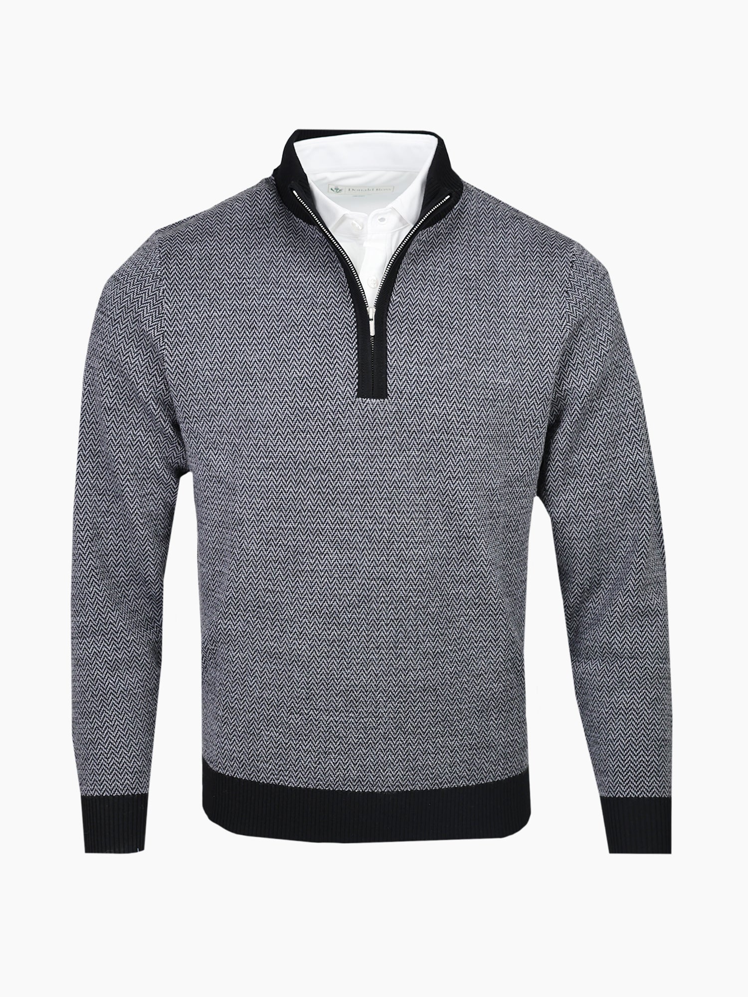 Front view of the Aberdeen Sweater in Black, featuring a subtle charcoal herringbone jacquard pattern and quarter-zip collar.