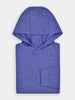 Folded blue herringbone hooded sweater on a white background. Includes textured performance fabric and cozy hood.