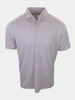 Striped polo shirt with a collared neckline and three buttons, primarily in light colors.