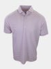 Short-sleeve polo shirt featuring horizontal stripes in light colors.