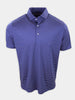 Striped polo shirt in blue and white hanging against a plain background.