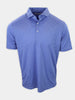 Blue short-sleeved polo shirt with horizontal stripes displayed upright.