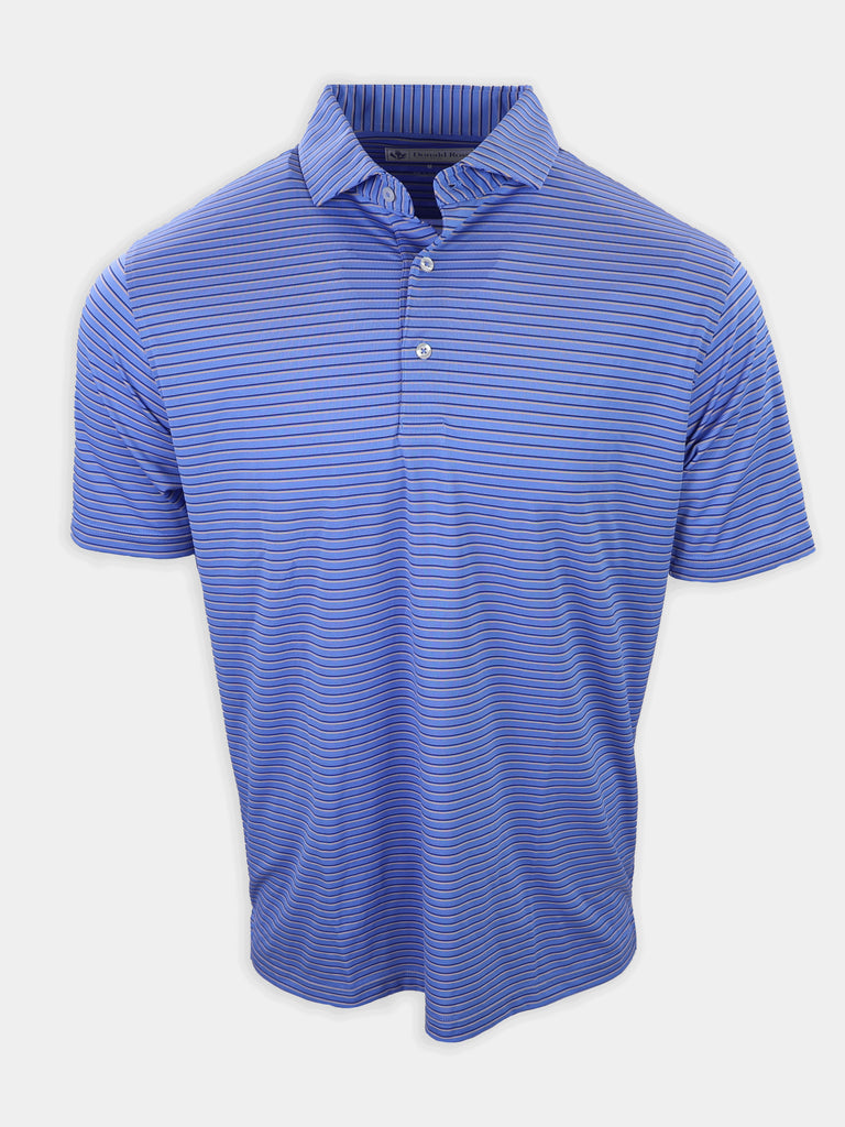 Blue short-sleeved polo shirt with horizontal stripes displayed upright.