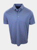 Short-sleeved polo shirt in blue with alternating thin pink and white horizontal stripes.