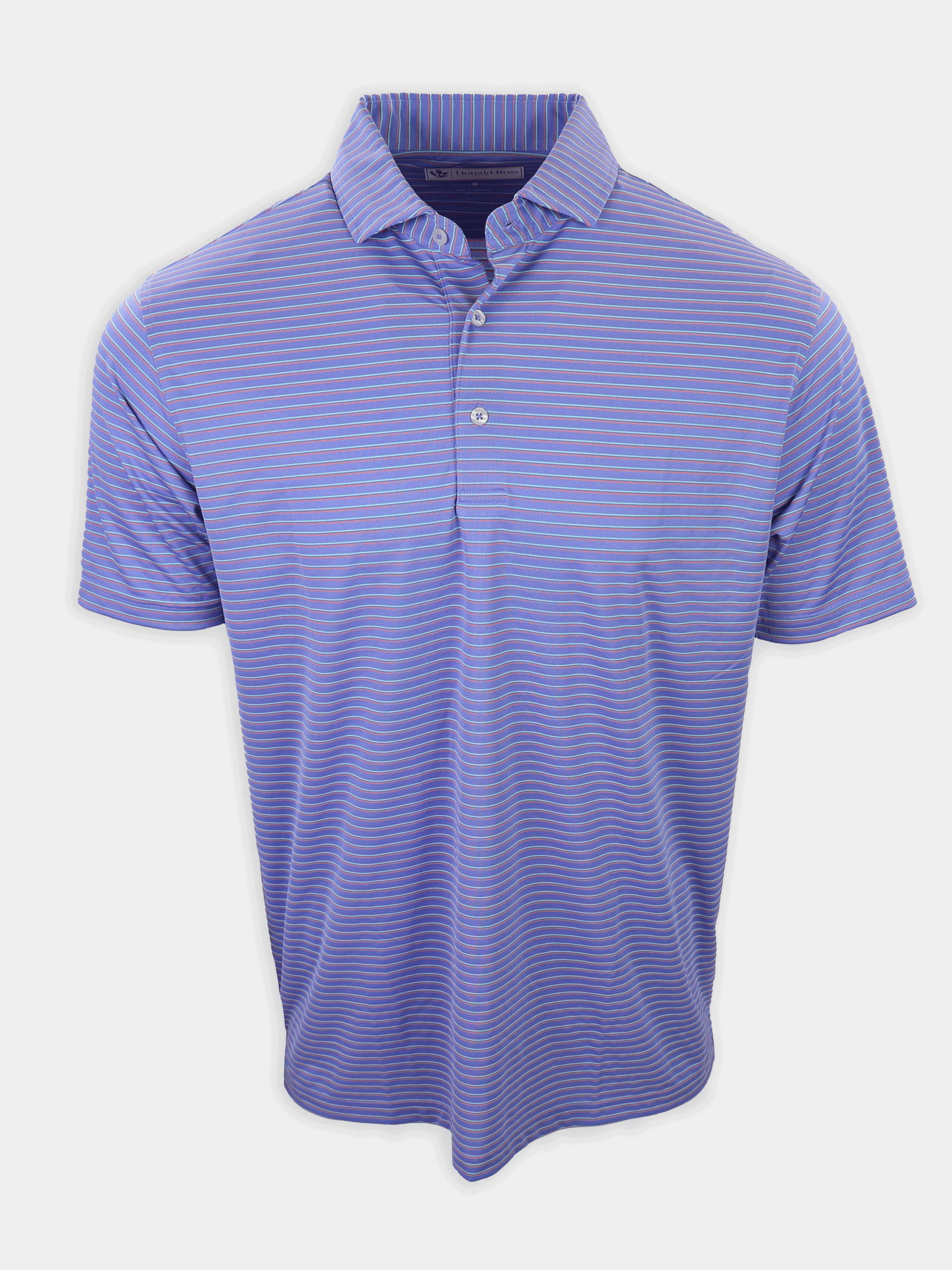A short-sleeved, purple striped polo shirt is displayed against a plain background.