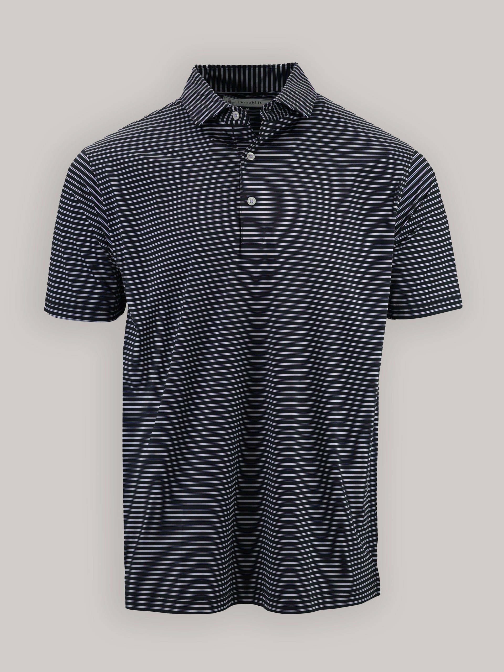 Black and white striped polo shirt with short sleeves and three buttons. The shirt is neatly folded, conveying a casual and classic style.