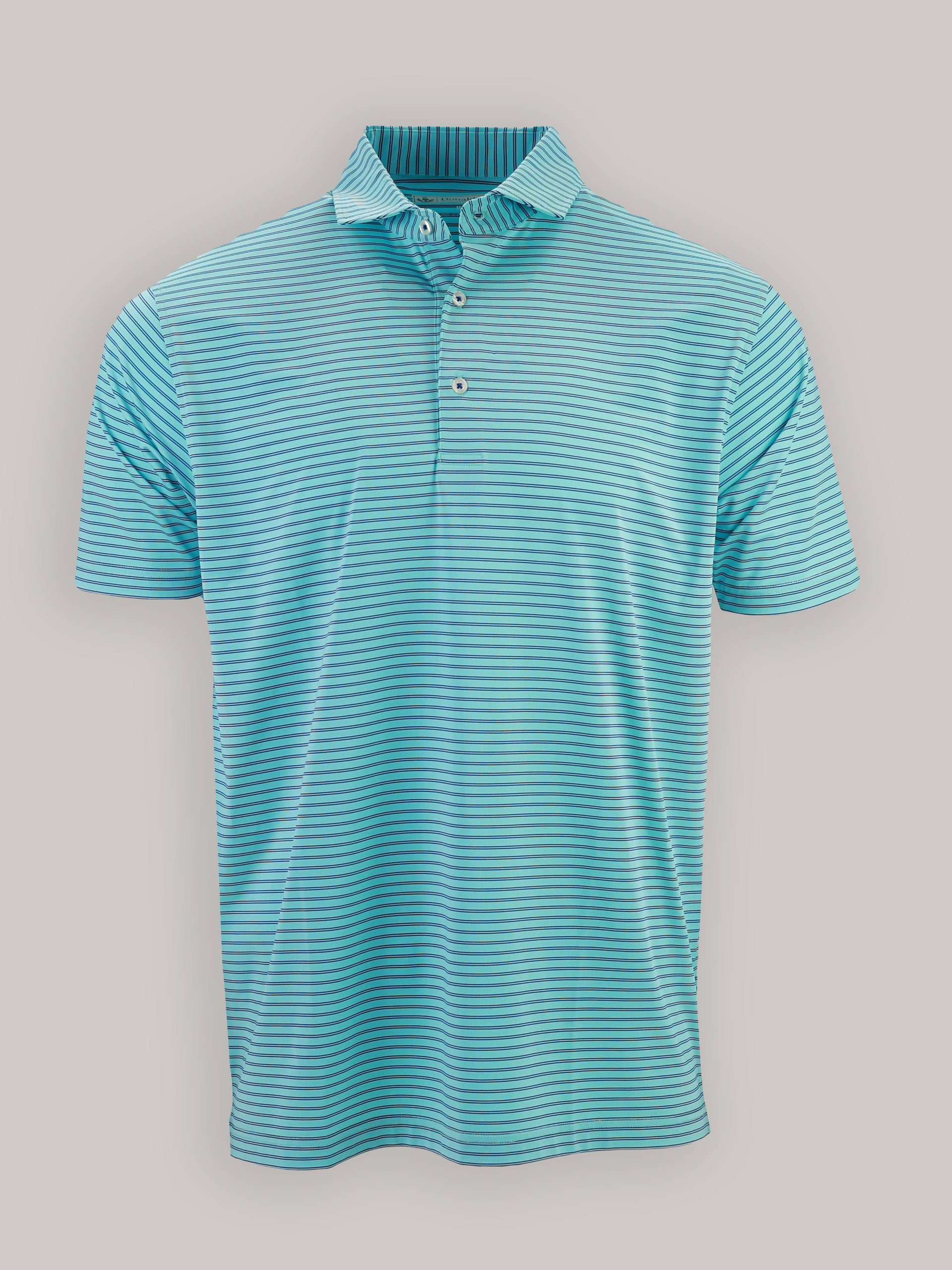 Light blue striped polo shirt with short sleeves, a collared neckline, and a buttoned placket, set against a neutral background.