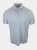 Short-sleeved polo shirt with light blue and navy horizontal stripes displayed on a white background.