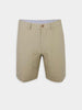 Beige men's performance golf shorts with a single button closure and belt loops, set against a white background. Minimalist, casual, and neatly tailored design.