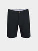 Black tailored golf shorts on a white background. Features include belt loops, a single front button, and a zipper, conveying a formal yet casual style.
