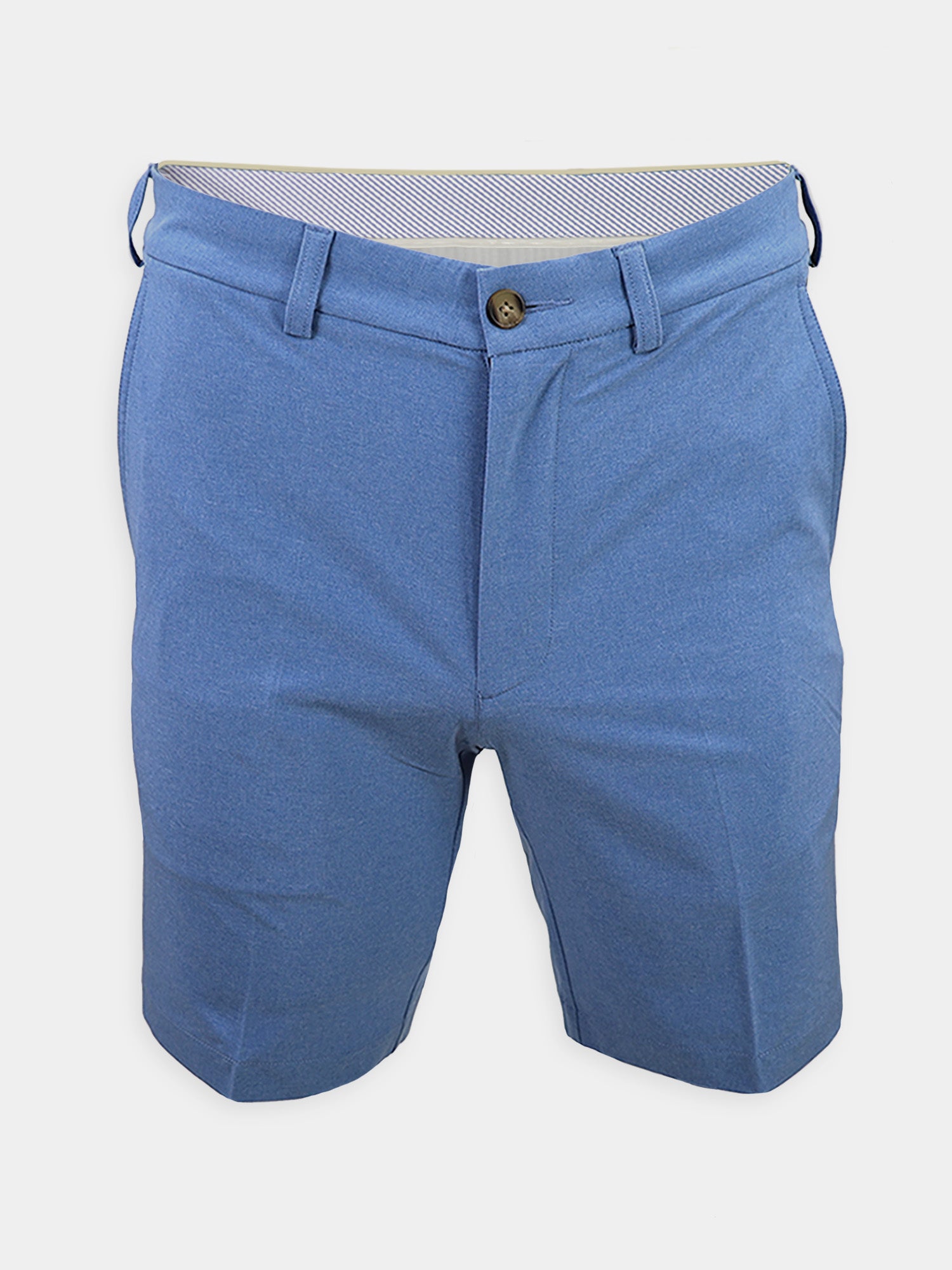 Blue men's performance walker shorts with a button closure and belt loops, presented on a white background