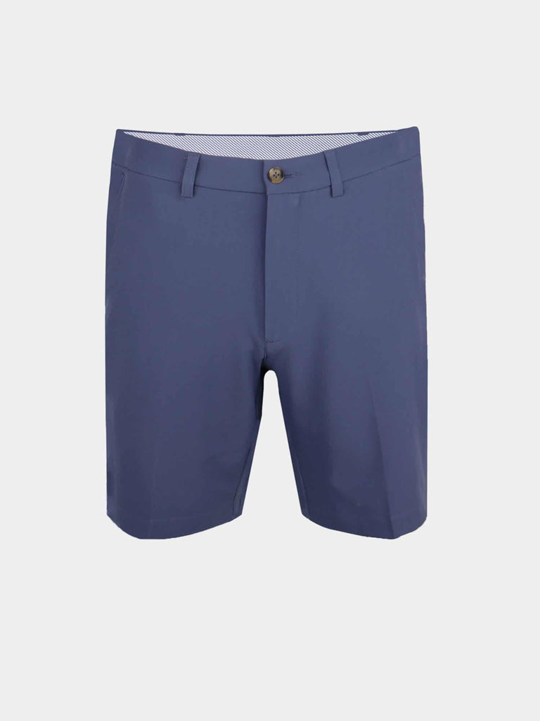 Blue performance golf walker shorts are shown against a plain white background. They feature a button closure, belt loops, and a clean, tailored design, conveying a casual yet polished look.