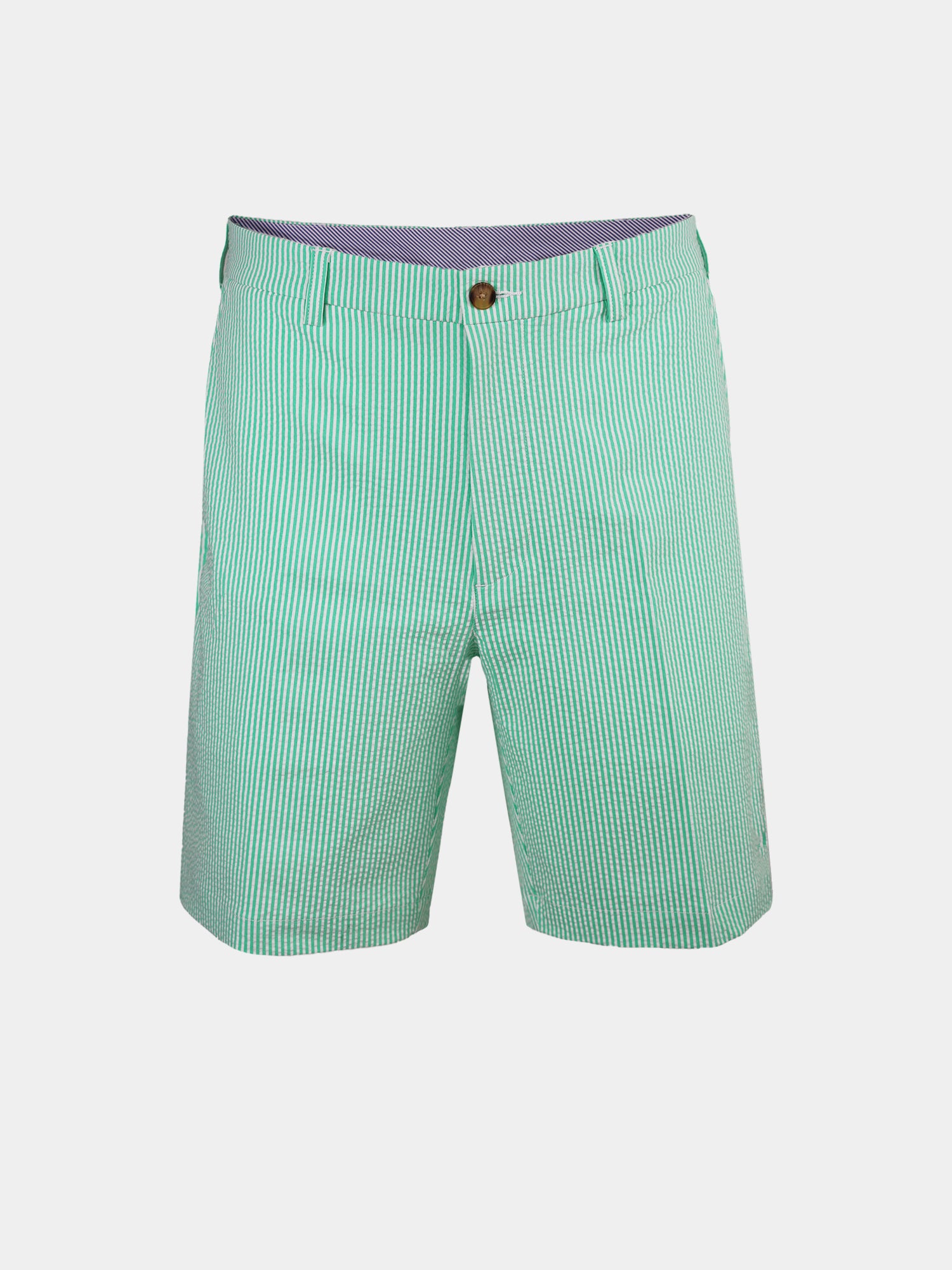 Green and white striped seersucker golf shorts with a button closure, stretchy fabric, displayed on a plain background