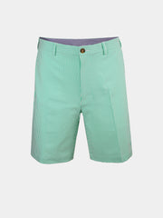 Green and white striped seersucker golf shorts with a button closure, stretchy fabric, displayed on a plain background