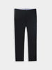 Simple black performance pants for golf on a white background, featuring a button closure and straight legs, conveying a formal and classic style.
