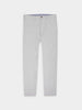 Light gray golf trousers with a button closure, belt loops, and sleek design, laying flat. The golf pants look versatile, stylish wear.