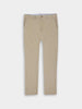 Beige flat front performance golf pants for men with a button and zip closure, belt loops, and side pockets.
