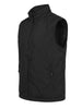 Black quilted vest with a full zip front, stand collar, and side zip pockets displayed on a dress form.
