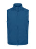 Blue quilted vest with full-length front zipper and stand collar.