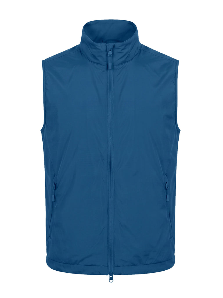 Blue quilted vest with full-length front zipper and stand collar.
