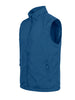Blue quilted vest with a full-length front zipper and stand collar, displayed on a neutral background.
