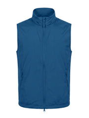 Blue quilted vest with full-length front zipper and stand collar.