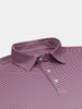 Close-up of a collared shirt with red, white, and blue horizontal stripes. The shirt has a buttoned placket, and the fabric appears crisp and neatly folded.