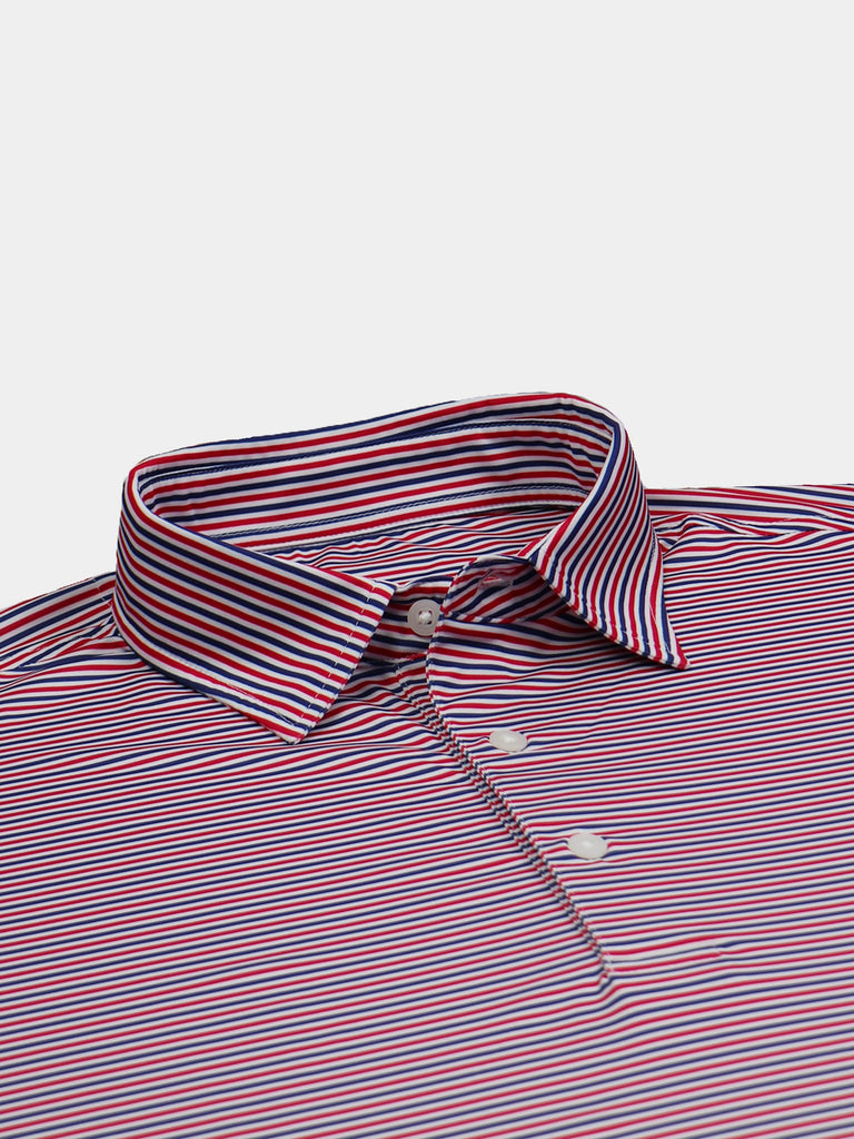 Close-up of a collared shirt with red, white, and blue horizontal stripes. The shirt has a buttoned placket, and the fabric appears crisp and neatly folded.