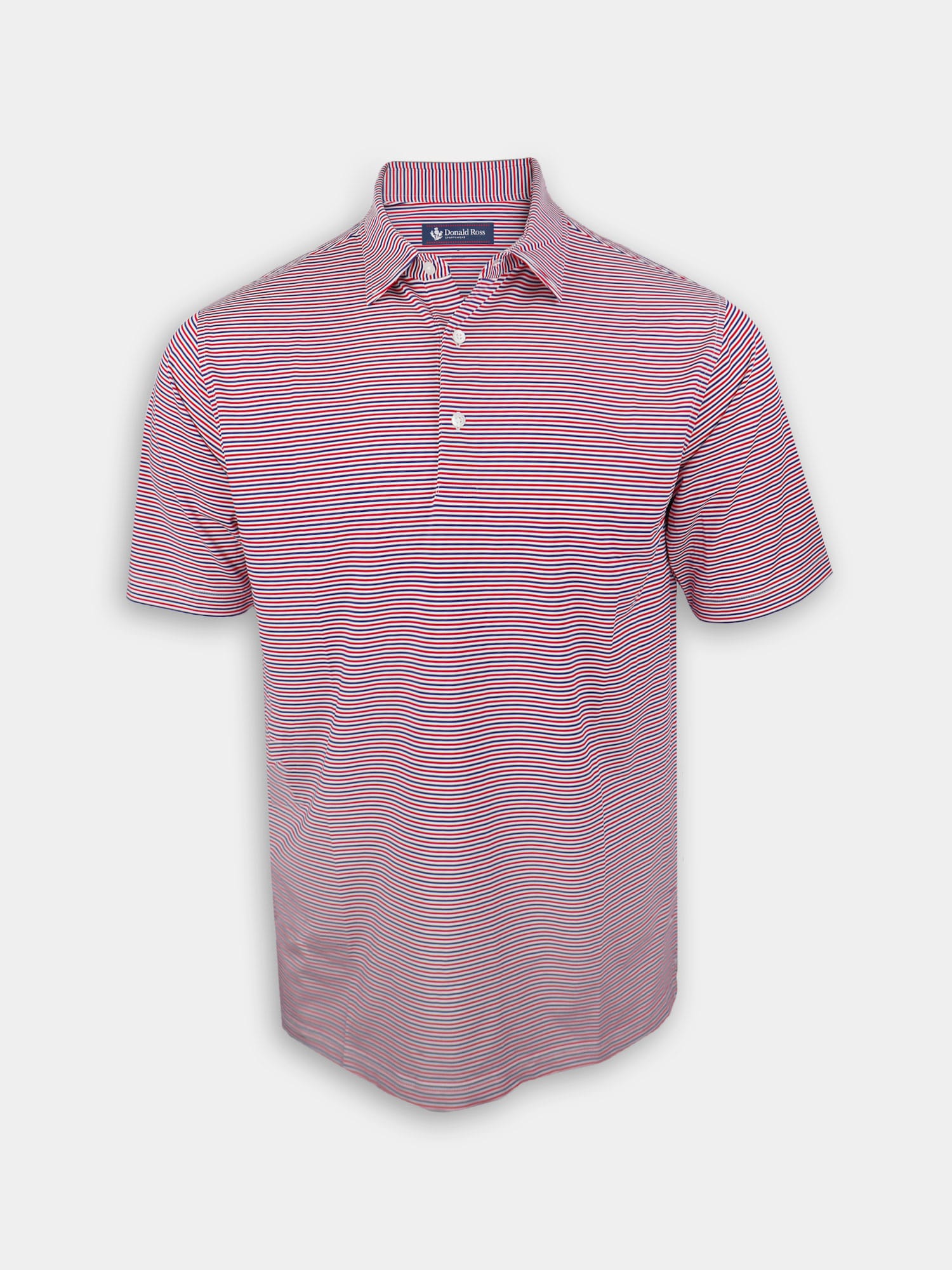 Red and white striped polo shirt with short sleeves and a collar. The shirt features a buttoned placket, creating a clean, casual look.