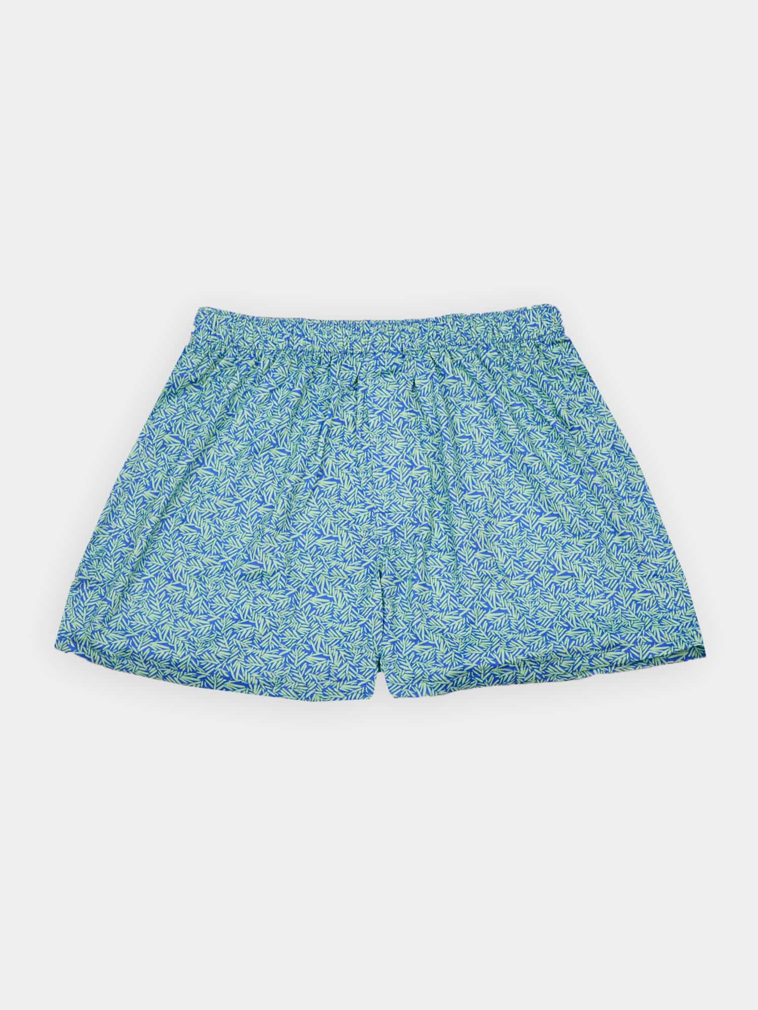 Light green and blue fern patterned boxer shorts with an elastic waistband