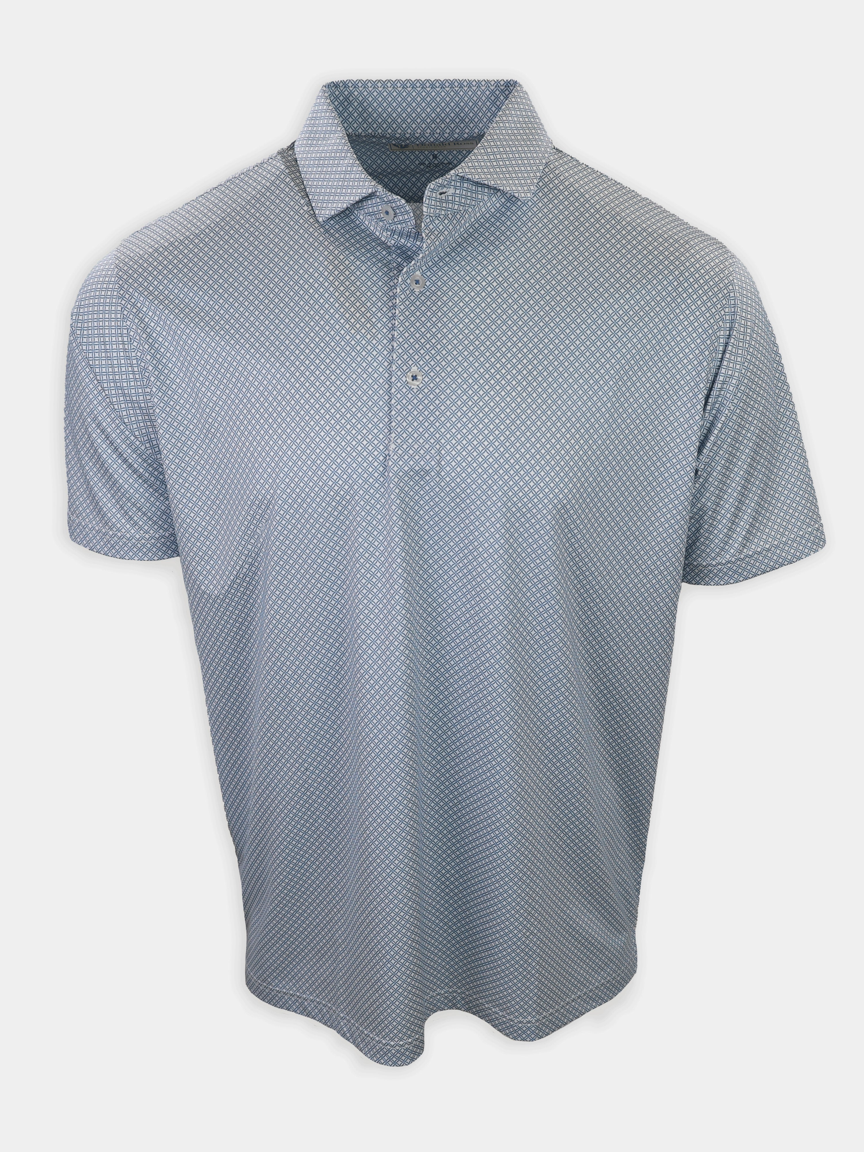 A short-sleeved, light blue polo shirt with a geometric pattern is displayed against a plain background.