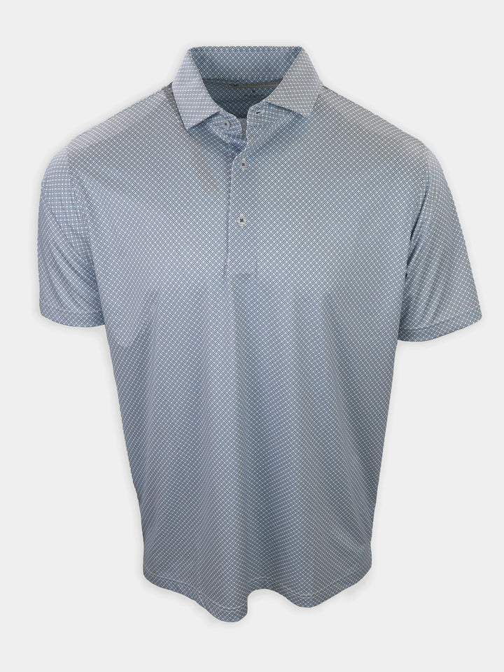 A short-sleeved, light blue polo shirt with a geometric pattern is displayed against a plain background.