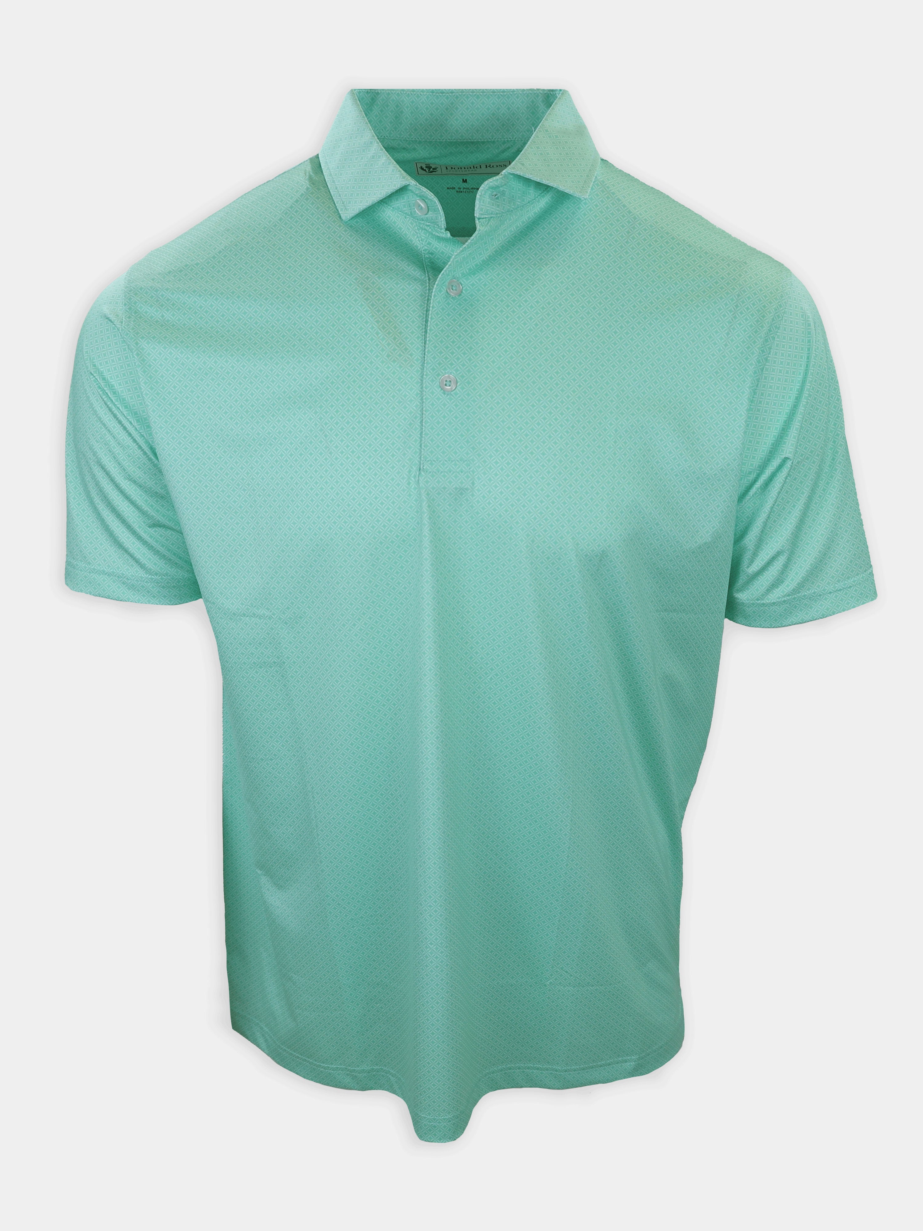Light green polo shirt with a collar and three buttons displayed against a white background.