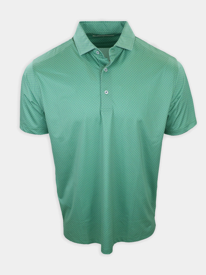 Green patterned polo shirt with a collar and three buttons displayed against a plain background.