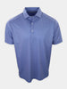A blue short-sleeve polo shirt with a geometric pattern is displayed hanging against a plain white background.