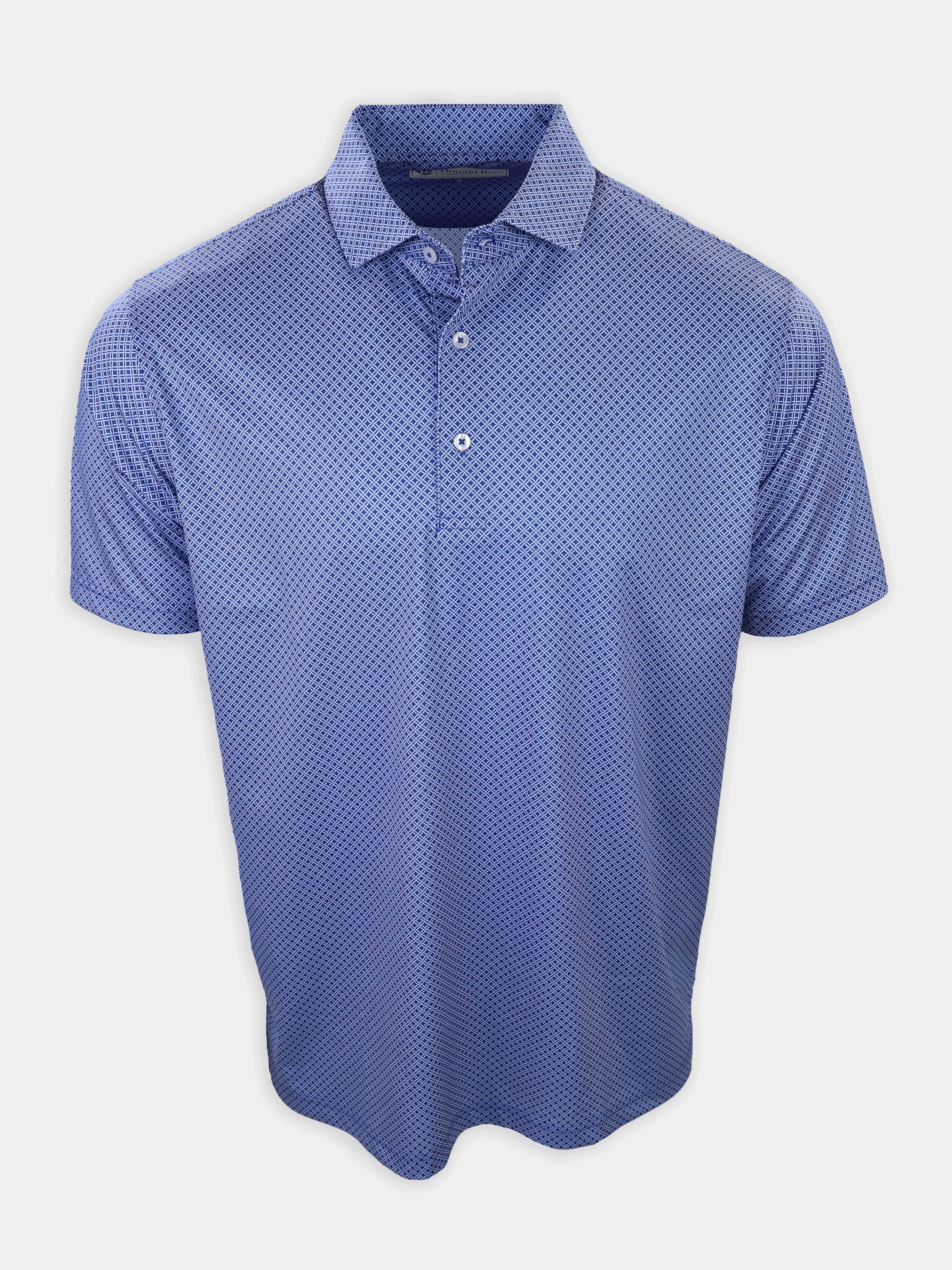 A blue short-sleeve polo shirt with a geometric pattern is displayed hanging against a plain white background.
