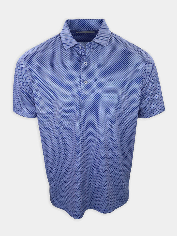 A blue short-sleeve polo shirt with a geometric pattern is displayed hanging against a plain white background.