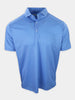 Short-sleeved blue polo shirt with a patterned design and a collar.
