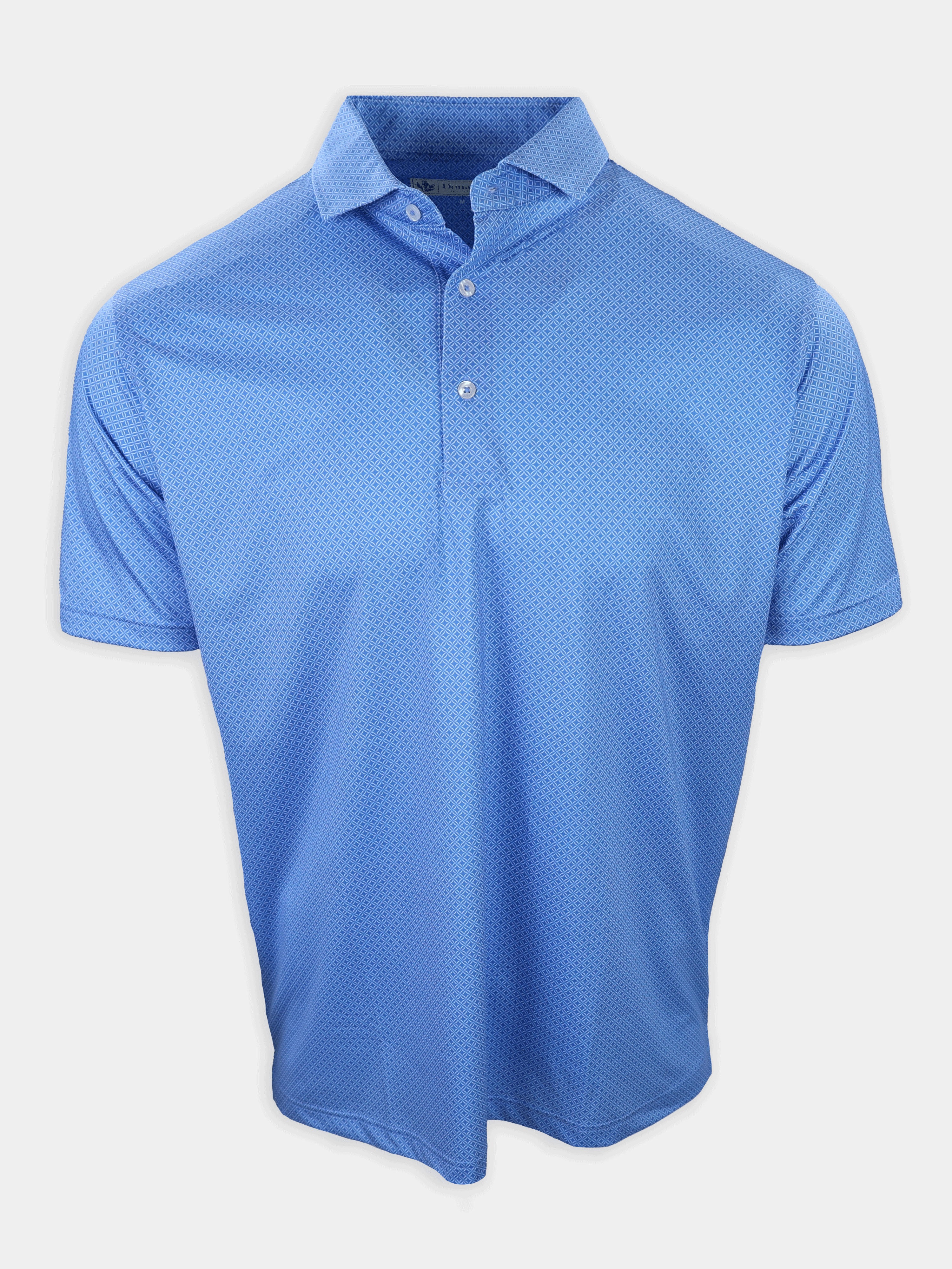 Short-sleeved blue polo shirt with a patterned design and a collar.