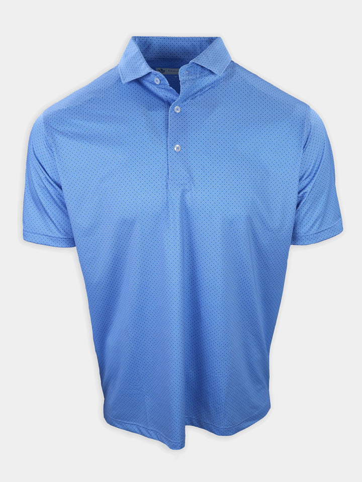 Short-sleeved blue polo shirt with a patterned design and a collar.